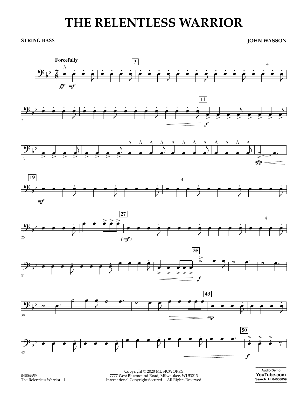 John Wasson The Relentless Warrior - String Bass Sheet Music Notes & Chords for Concert Band - Download or Print PDF