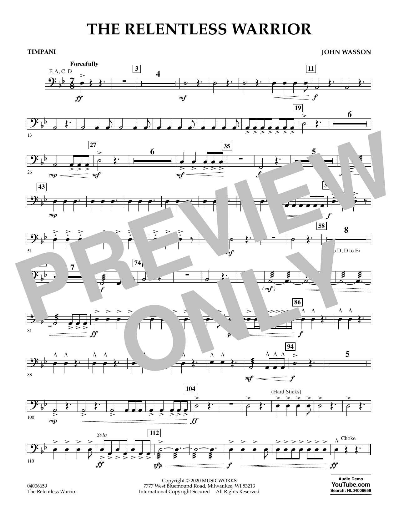 John Wasson The Relentless Warrior - Timpani Sheet Music Notes & Chords for Concert Band - Download or Print PDF