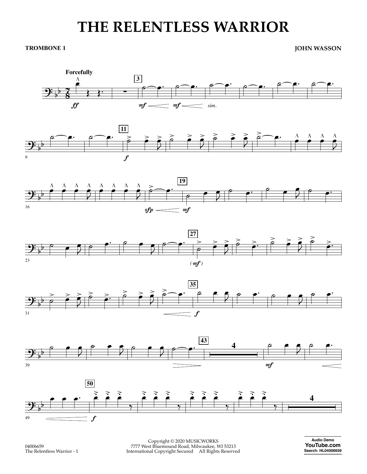 John Wasson The Relentless Warrior - Trombone 1 Sheet Music Notes & Chords for Concert Band - Download or Print PDF