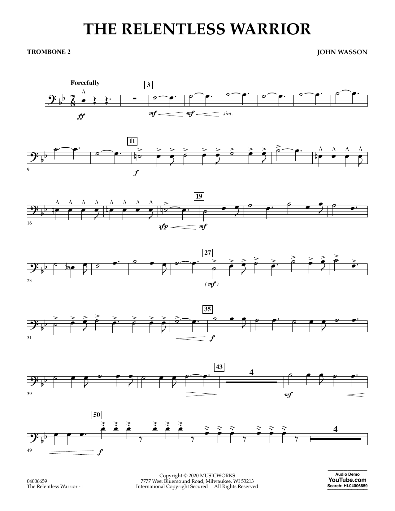 John Wasson The Relentless Warrior - Trombone 2 Sheet Music Notes & Chords for Concert Band - Download or Print PDF