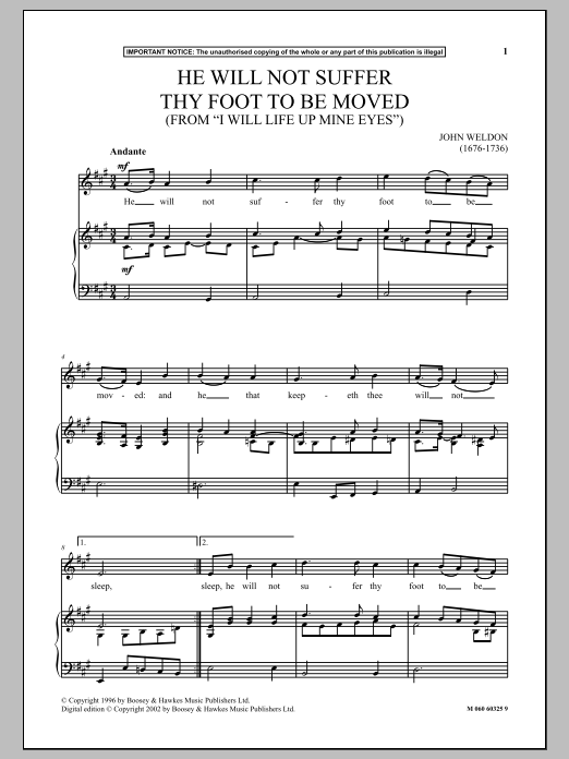John Weldon He Will Not Suffer Thy Foot To Be Moved (from I Will Lift Up Mine Eyes) Sheet Music Notes & Chords for Piano & Vocal - Download or Print PDF