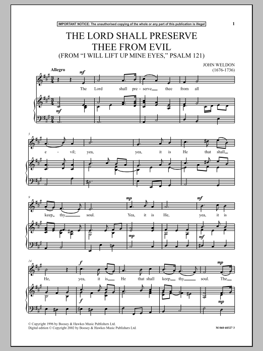John Weldon The Lord Shall Preserve Thee From Evil (from I Will Lift Up Mine Eyes, Psalm 121) Sheet Music Notes & Chords for Piano & Vocal - Download or Print PDF