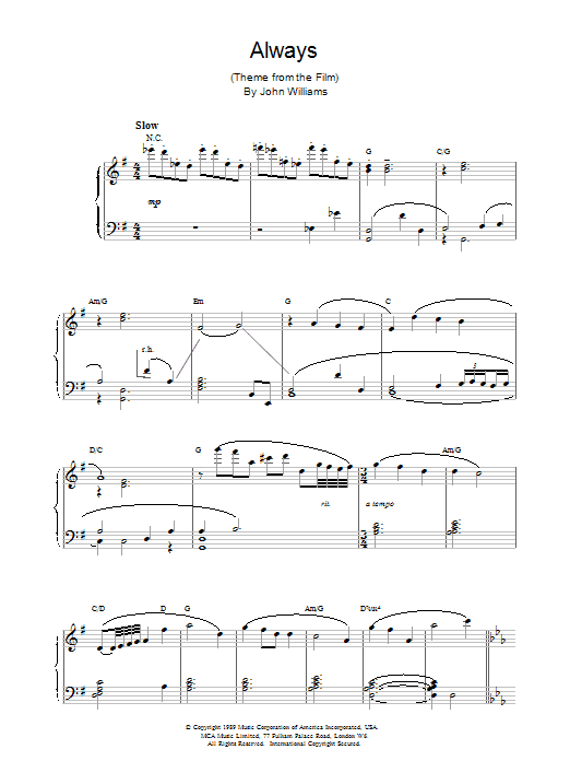 John Williams Always Sheet Music Notes & Chords for Piano - Download or Print PDF