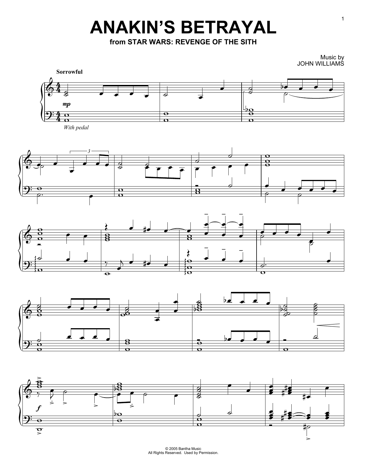 John Williams Anakin's Betrayal (from Star Wars: Revenge Of The Sith) Sheet Music Notes & Chords for Piano Solo - Download or Print PDF