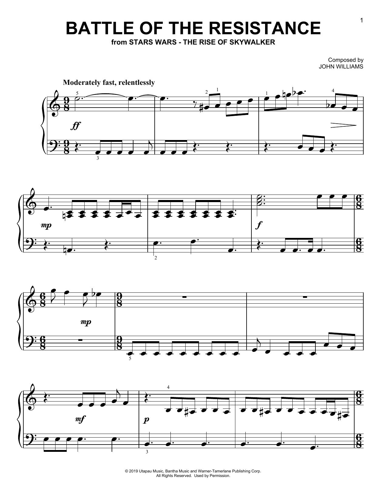 John Williams Battle Of The Resistance (from The Rise Of Skywalker) Sheet Music Notes & Chords for Easy Piano - Download or Print PDF
