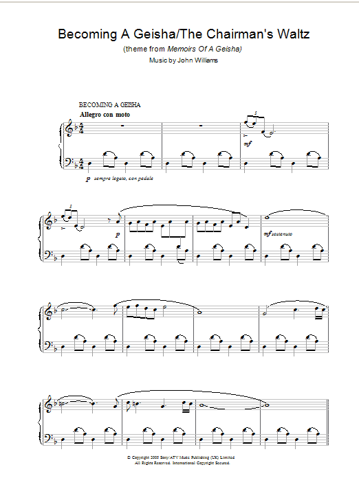 John Williams Becoming A Geisha/The Chairman's Waltz (theme from Memoirs Of A Geisha) Sheet Music Notes & Chords for Piano - Download or Print PDF
