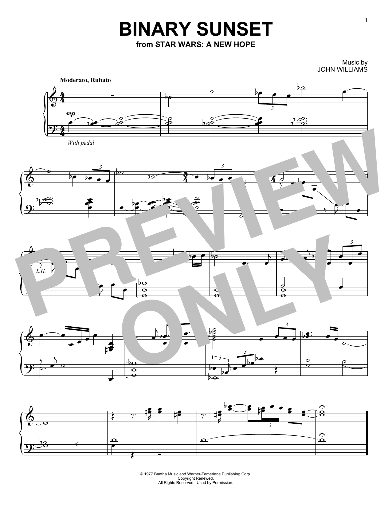 John Williams Binary Sunset (from Star Wars: A New Hope) Sheet Music Notes & Chords for Piano Solo - Download or Print PDF