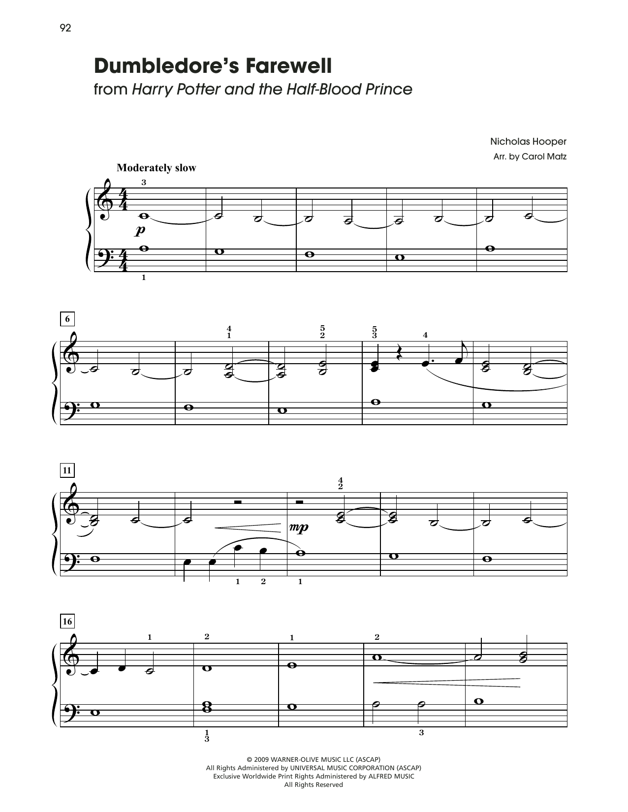 John Williams Dumbledore's Farewell (from Harry Potter) (arr. Carol Matz) Sheet Music Notes & Chords for Big Note Piano - Download or Print PDF