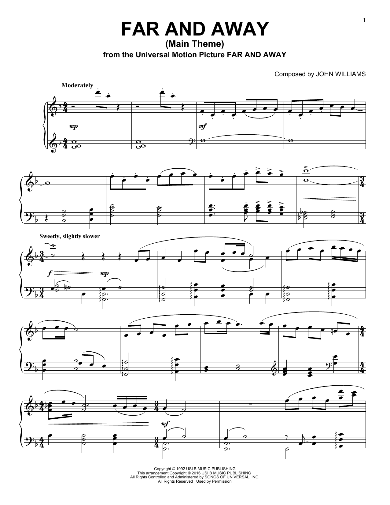 John Williams Far And Away (Main Theme) Sheet Music Notes & Chords for Piano - Download or Print PDF