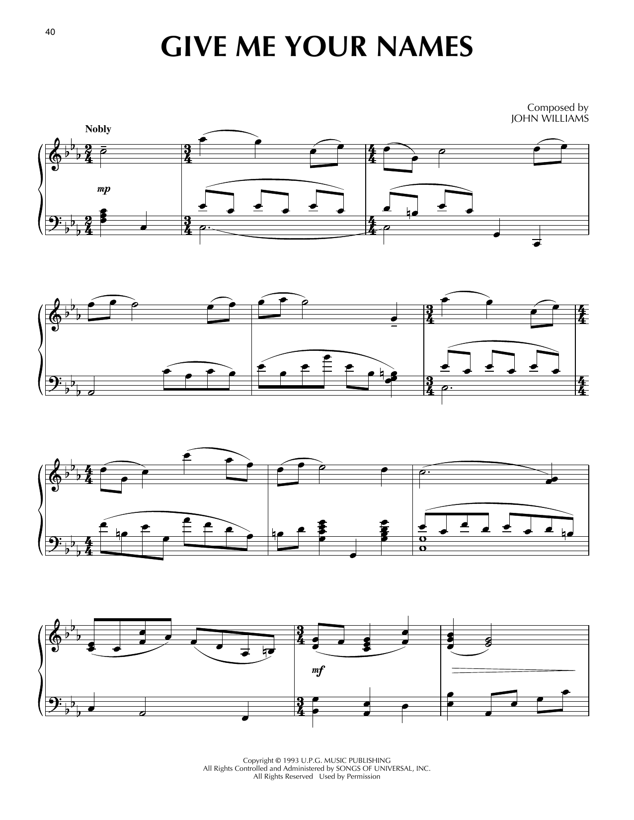 John Williams Give Me Your Names (from Schindler's List) Sheet Music Notes & Chords for Piano Solo - Download or Print PDF