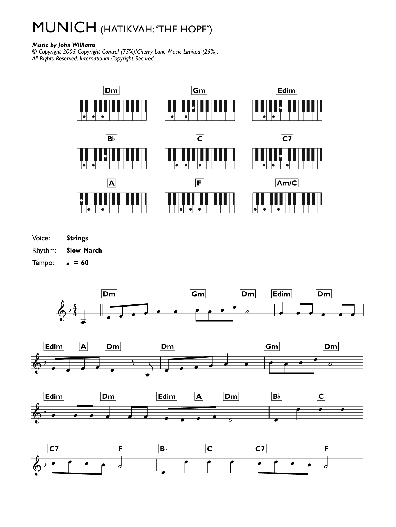 John Williams Hatikvah (The Hope) (from Munich) Sheet Music Notes & Chords for Melody Line & Chords - Download or Print PDF