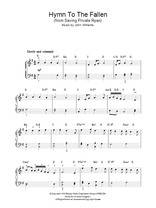 John Williams Hymn To The Fallen (from Saving Private Ryan) Sheet Music Notes & Chords for Piano - Download or Print PDF