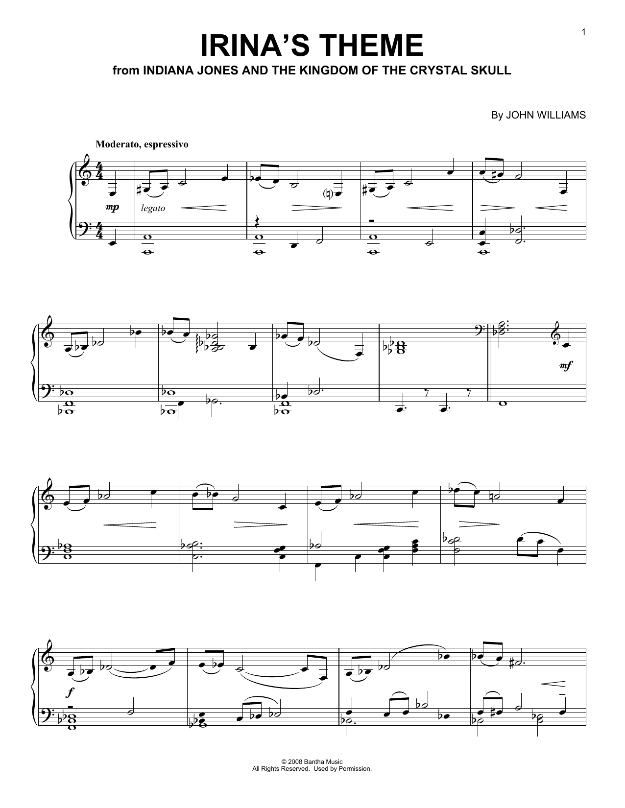 John Williams Irina's Theme (from Indiana Jones - Kingdom of the Crystal Skull) Sheet Music Notes & Chords for Piano Solo - Download or Print PDF