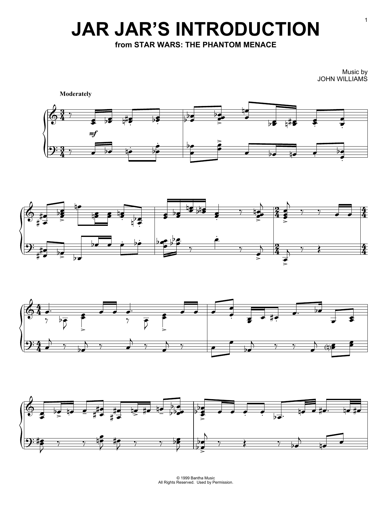 John Williams Jar Jar's Introduction And The Swim To Otoh Gunga (from Star Wars: The Phantom Menace) Sheet Music Notes & Chords for Piano Solo - Download or Print PDF