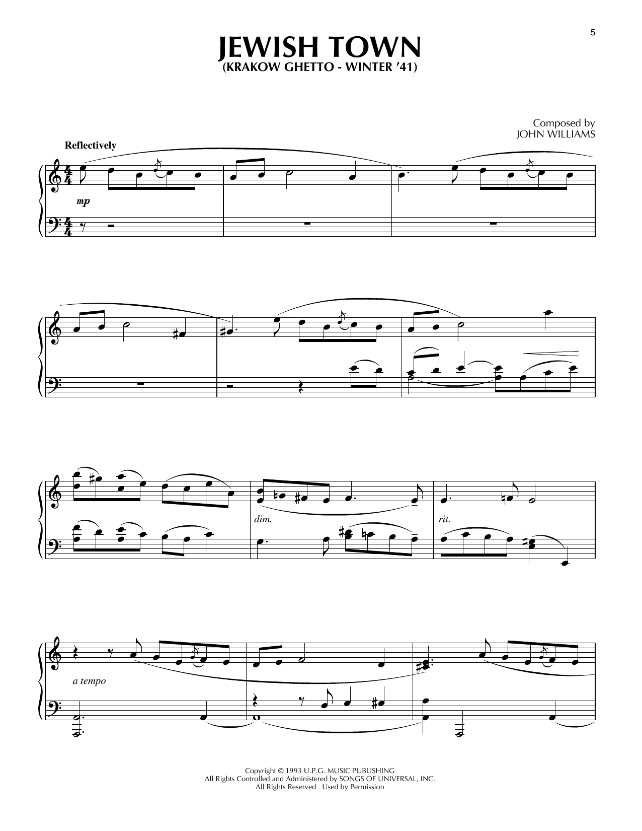 John Williams Jewish Town (Krakow Ghetto - Winter '41) (from Schindler's List) Sheet Music Notes & Chords for Piano Solo - Download or Print PDF