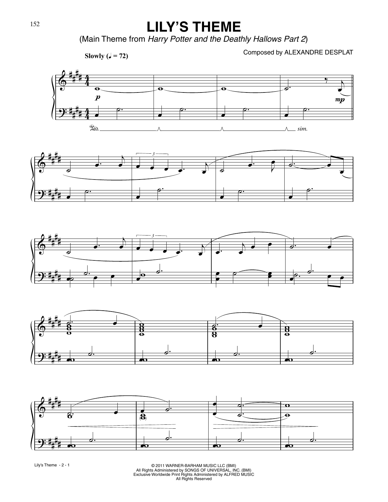 John Williams Lily's Theme (from Harry Potter and the Deathly Hallows, Pt. 2) Sheet Music Notes & Chords for Piano Solo - Download or Print PDF