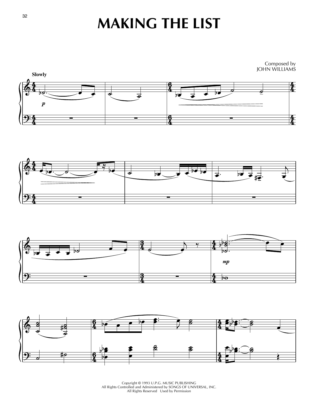 John Williams Making The List (from Schindler's List) Sheet Music Notes & Chords for Piano Solo - Download or Print PDF