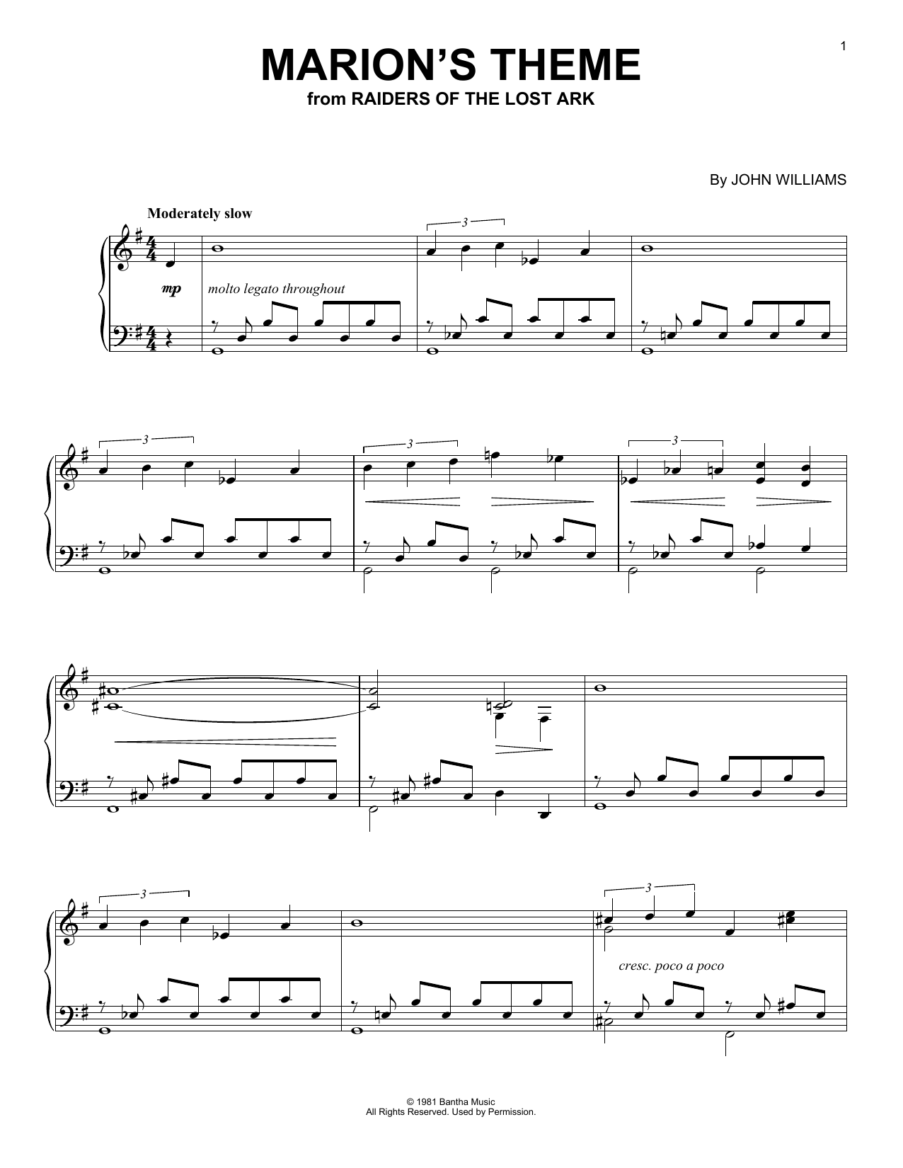 John Williams Marion's Theme (from Raiders Of The Lost Ark) Sheet Music Notes & Chords for Piano Solo - Download or Print PDF