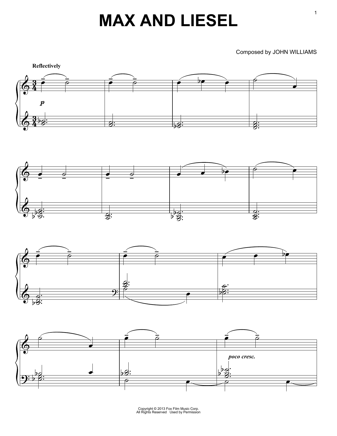 John Williams Max And Liesel Sheet Music Notes & Chords for Piano - Download or Print PDF