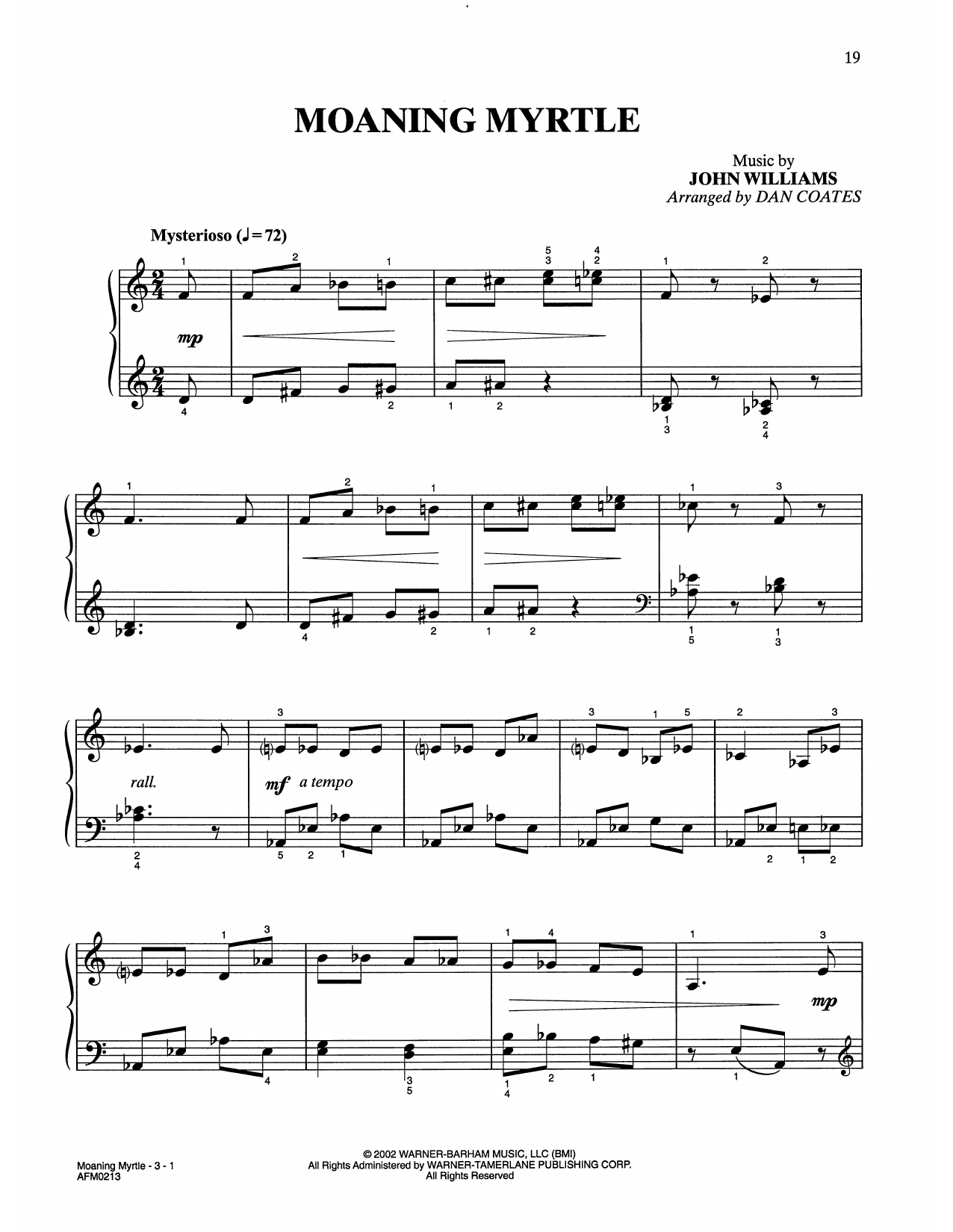 John Williams Moaning Myrtle (from Harry Potter) (arr. Dan Coates) Sheet Music Notes & Chords for Easy Piano - Download or Print PDF