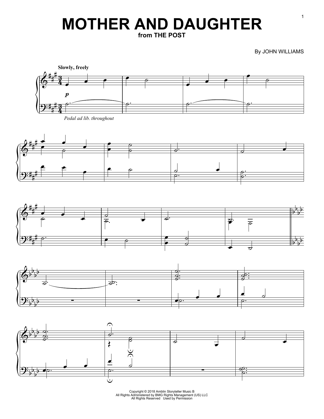 John Williams Mother And Daughter Sheet Music Notes & Chords for Piano - Download or Print PDF