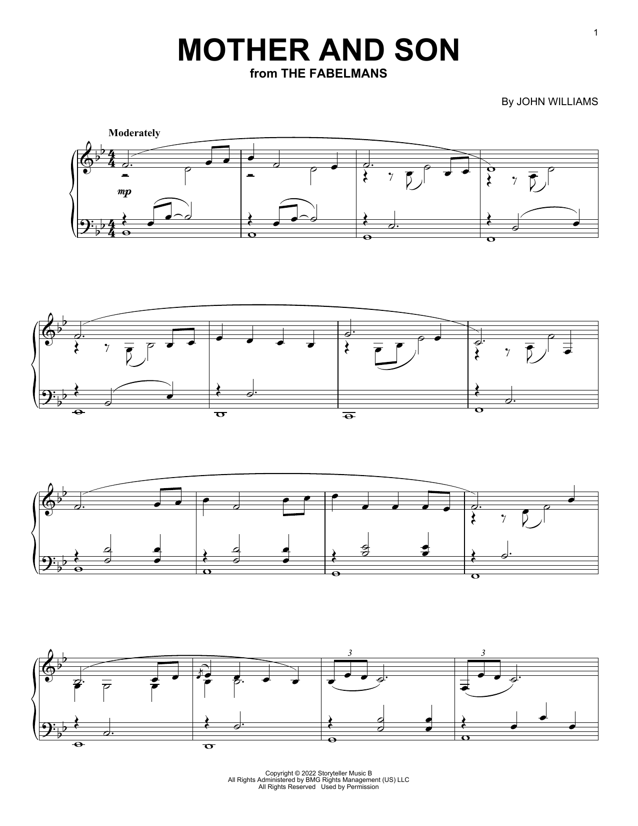 John Williams Mother And Son (from The Fabelmans) Sheet Music Notes & Chords for Piano Solo - Download or Print PDF