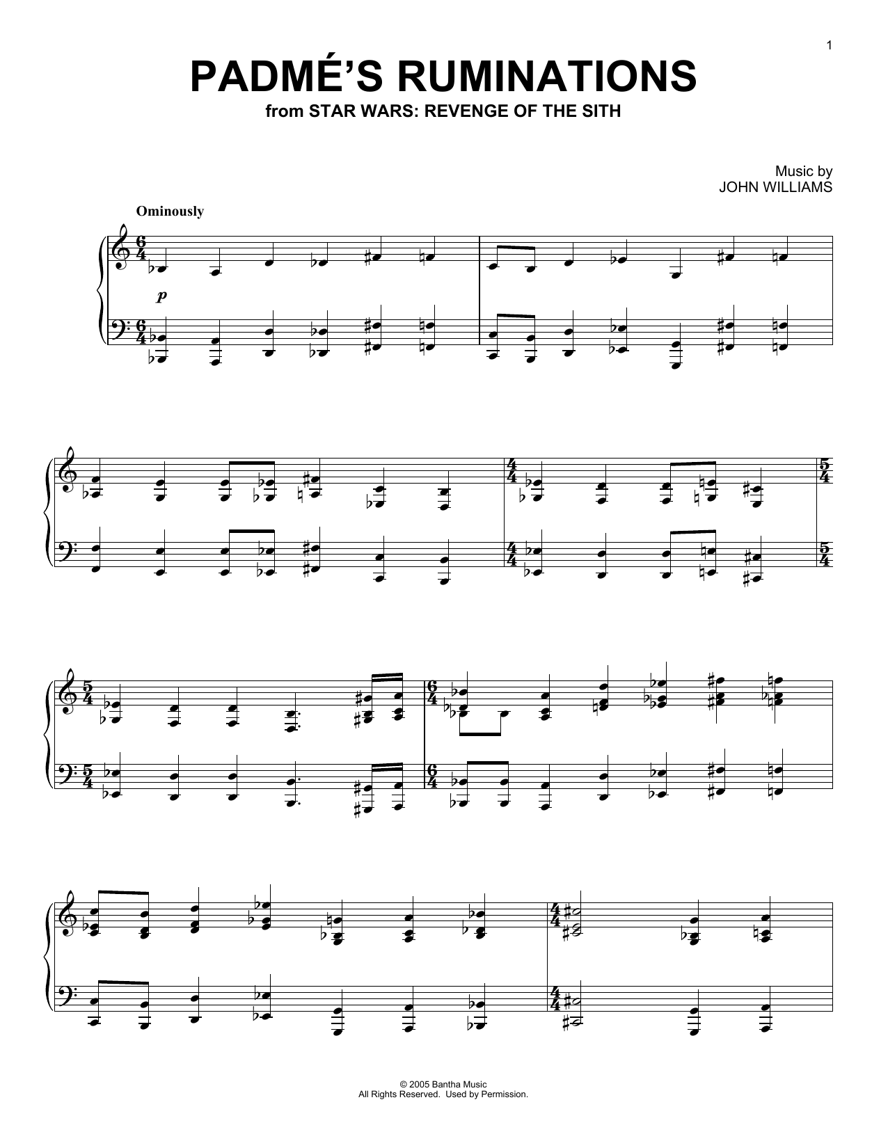 John Williams Padme's Ruminations (from Star Wars: Revenge Of The Sith) Sheet Music Notes & Chords for Piano Solo - Download or Print PDF