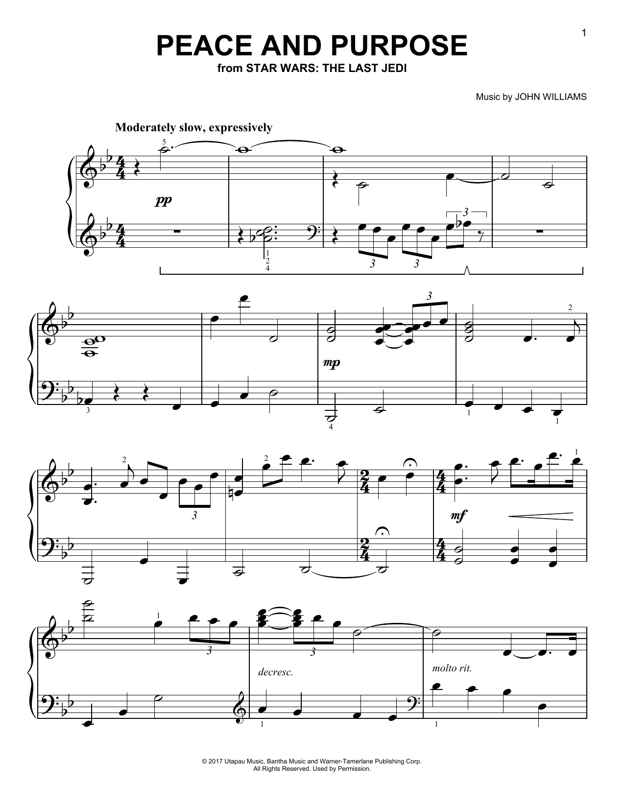 John Williams Peace And Purpose Sheet Music Notes & Chords for Easy Piano - Download or Print PDF