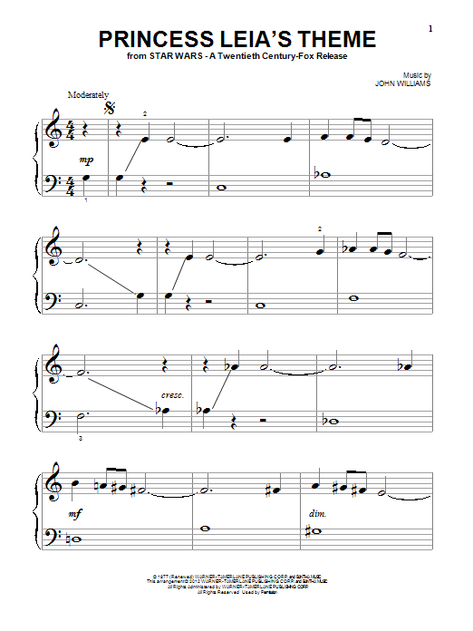 John Williams Princess Leia's Theme Sheet Music Notes & Chords for Piano (Big Notes) - Download or Print PDF