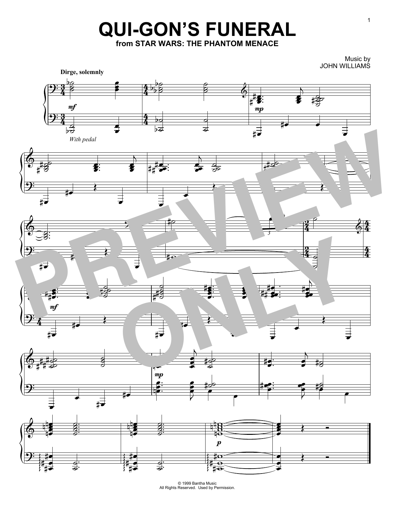 John Williams Qui-Gon's Funeral (from Star Wars: The Phantom Menace) Sheet Music Notes & Chords for Piano Solo - Download or Print PDF