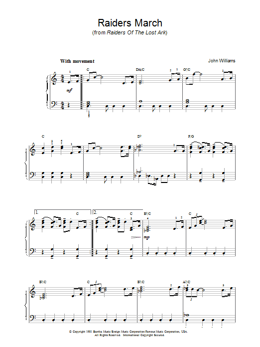 John Williams Raiders March Sheet Music Notes & Chords for Easy Piano - Download or Print PDF
