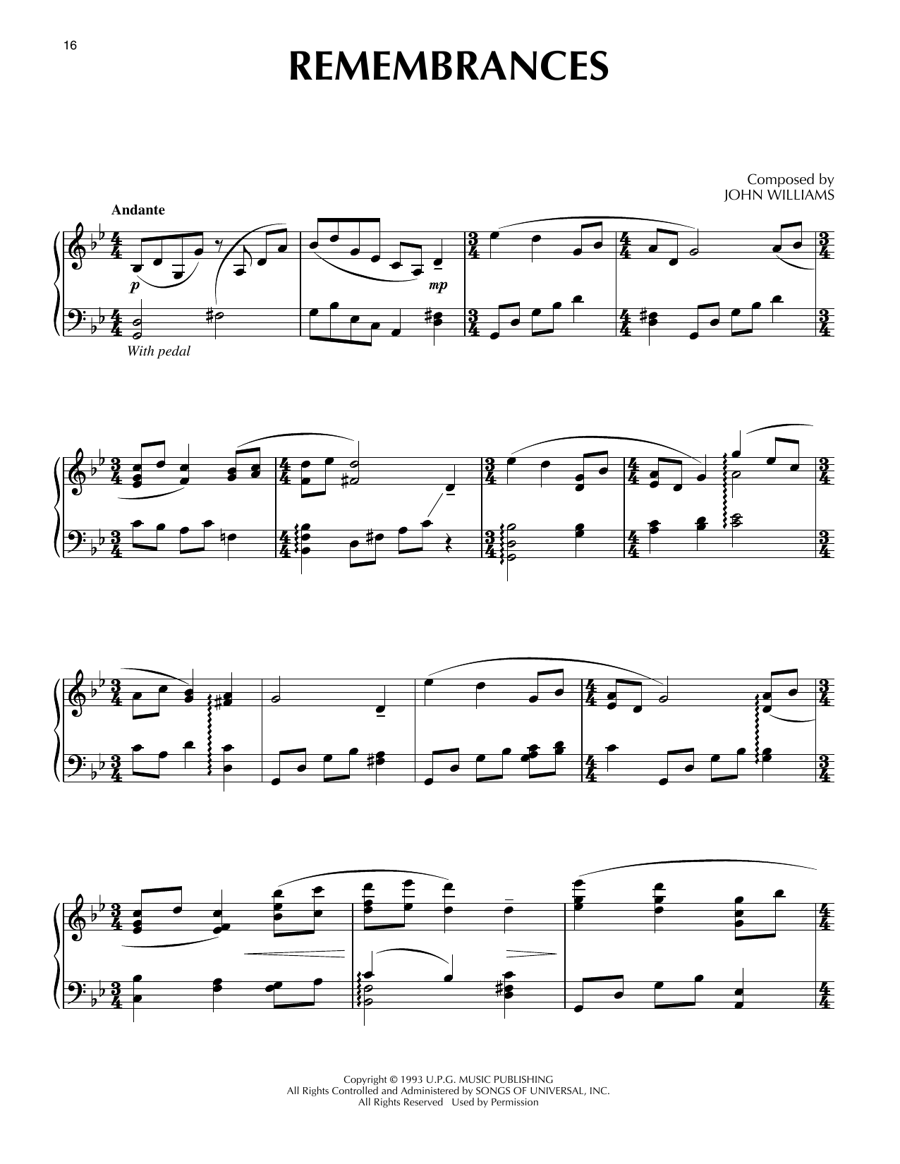 John Williams Remembrances (from Schindler's List) Sheet Music Notes & Chords for Piano Solo - Download or Print PDF