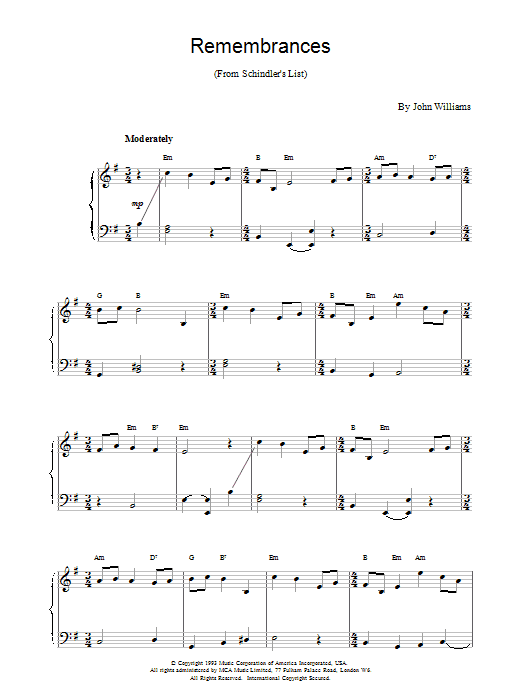 John Williams Remembrances Sheet Music Notes & Chords for Piano - Download or Print PDF