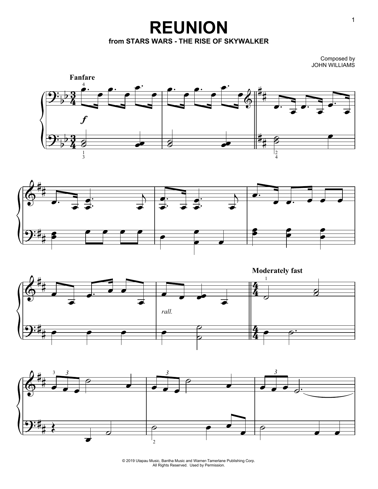 John Williams Reunion (from The Rise Of Skywalker) Sheet Music Notes & Chords for Easy Piano - Download or Print PDF