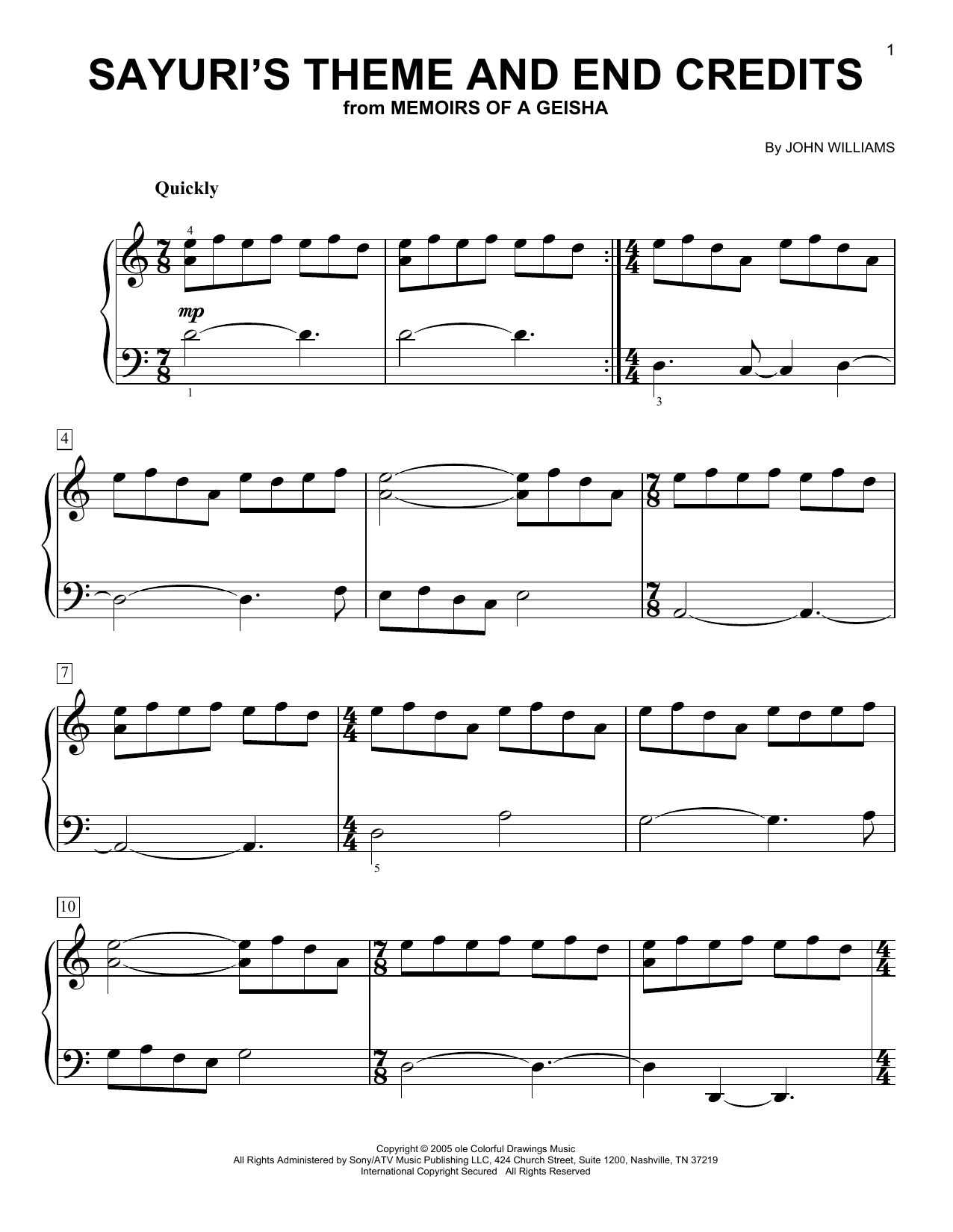 John Williams Sayuri's Theme And End Credits (from Memoirs Of A Geisha) Sheet Music Notes & Chords for Easy Piano - Download or Print PDF