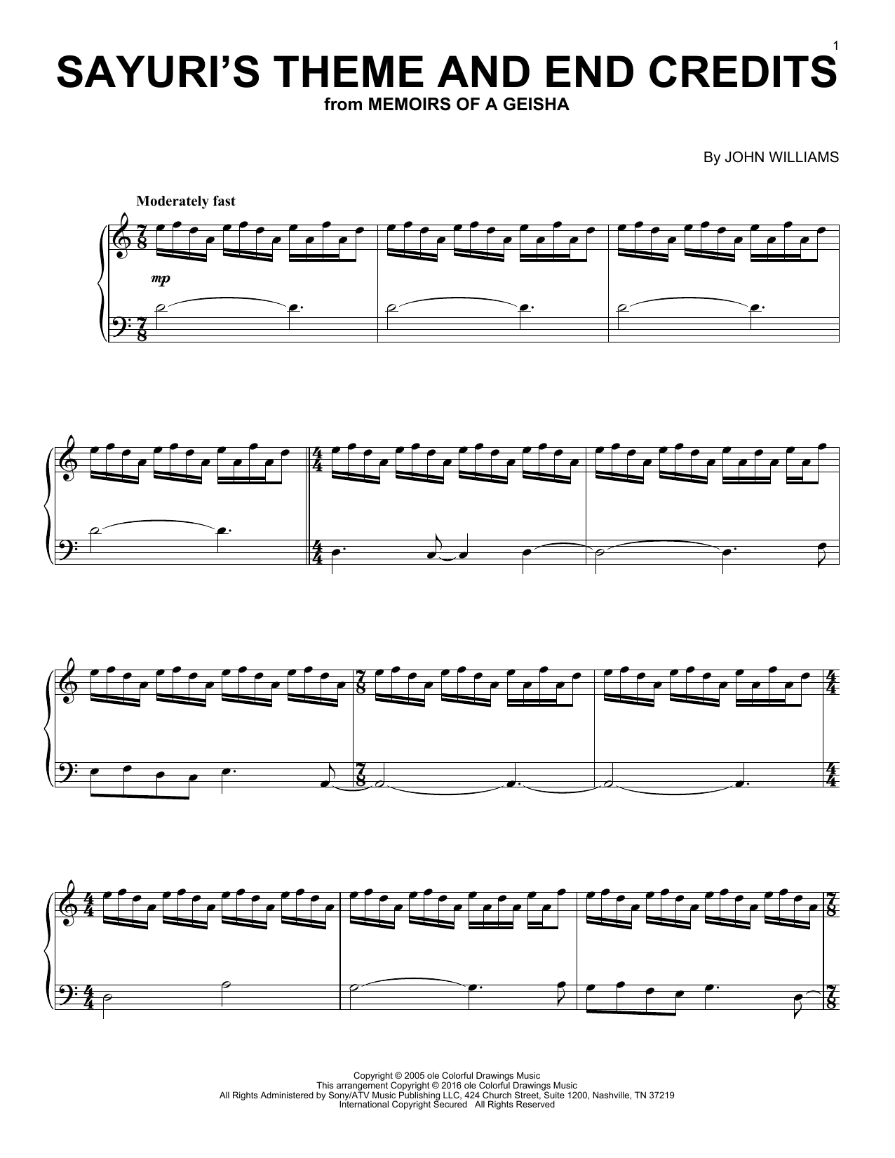 John Williams Sayuri's Theme And End Credits Sheet Music Notes & Chords for Piano - Download or Print PDF