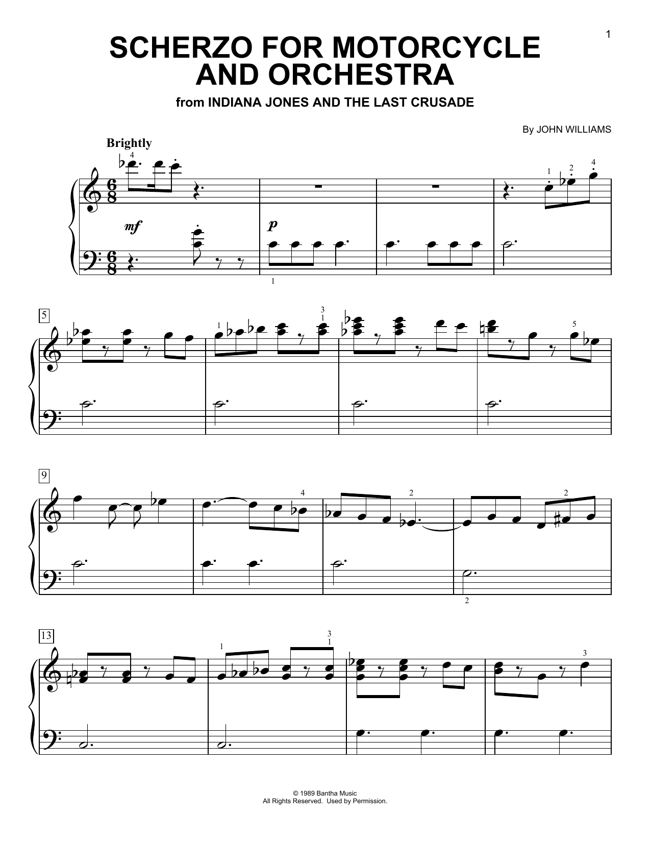 John Williams Scherzo For Motorcycle And Orchestra (from Indiana Jones) Sheet Music Notes & Chords for Easy Piano - Download or Print PDF