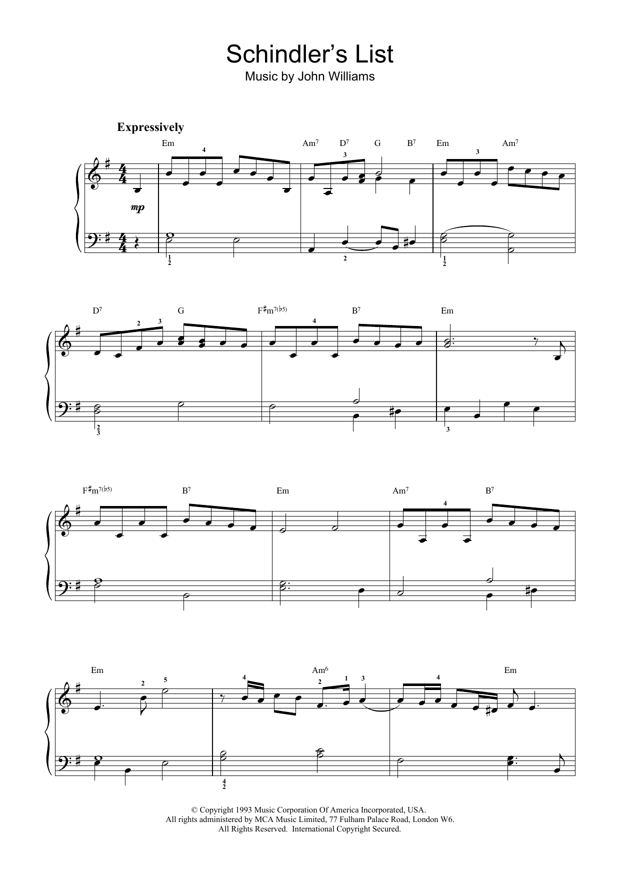 John Williams Schindler's List Sheet Music Notes & Chords for Beginner Piano - Download or Print PDF