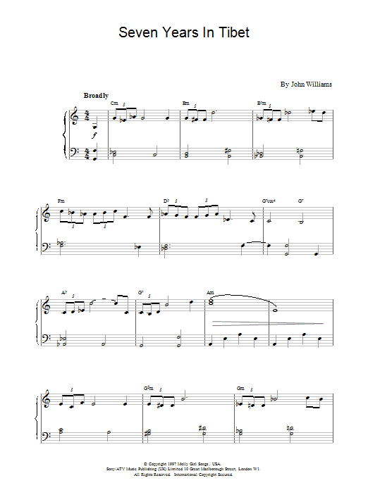 John Williams Seven Years in Tibet Sheet Music Notes & Chords for Piano - Download or Print PDF