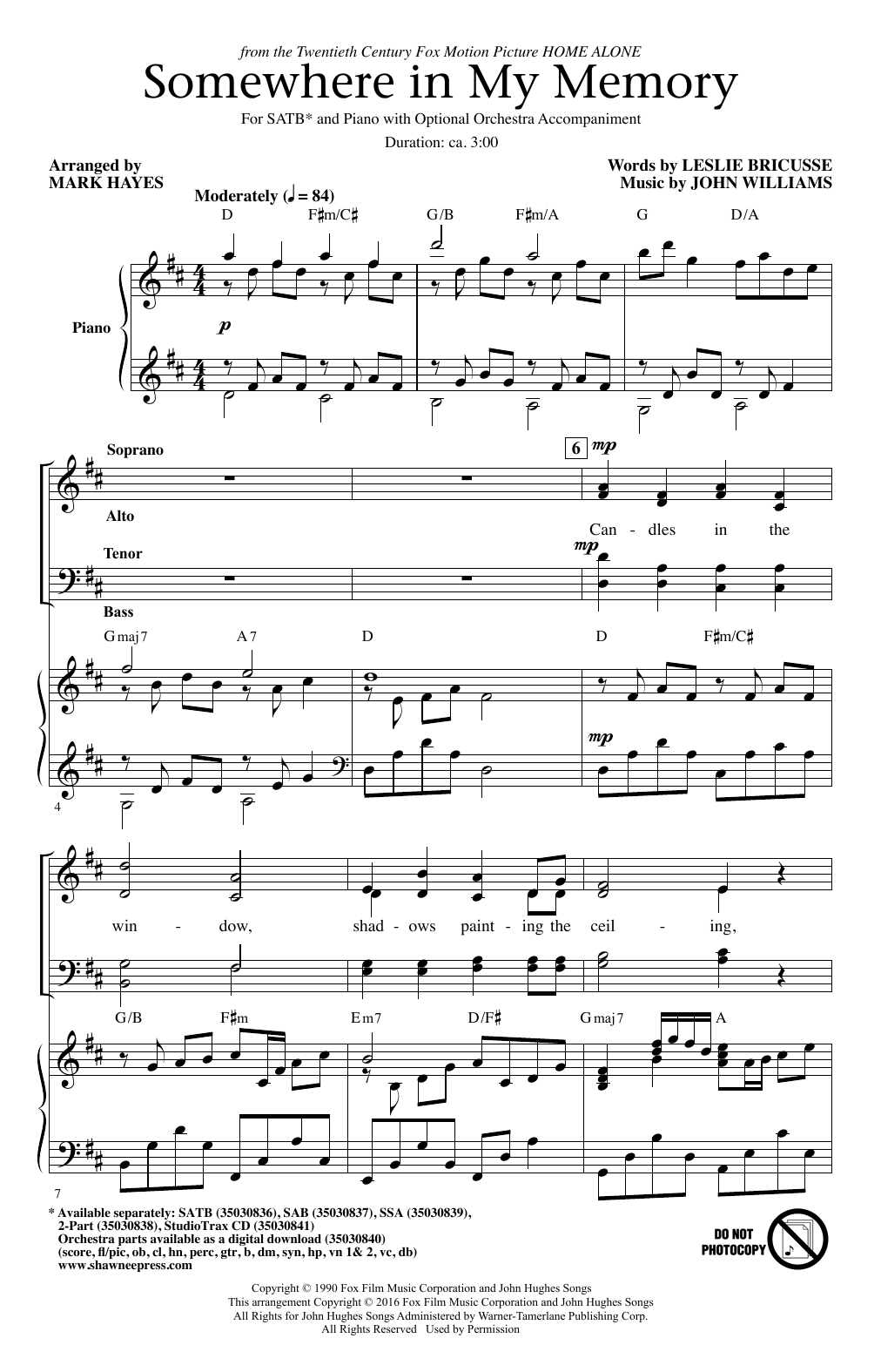 John Williams Somewhere In My Memory (arr. Mark Hayes) Sheet Music Notes & Chords for SATB - Download or Print PDF