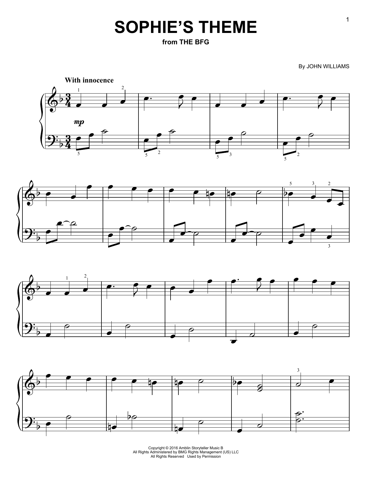 John Williams Sophie's Theme (from The BFG) Sheet Music Notes & Chords for Very Easy Piano - Download or Print PDF