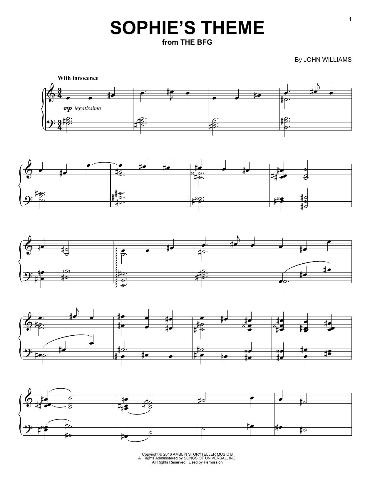 John Williams Sophie's Theme Sheet Music Notes & Chords for Easy Piano - Download or Print PDF