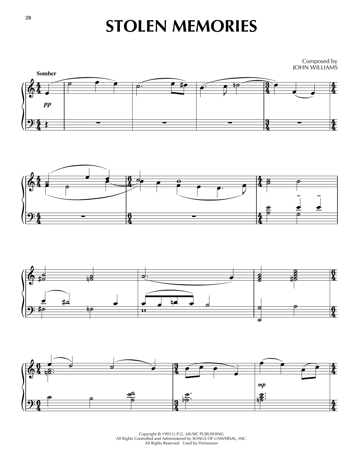 John Williams Stolen Memories (from Schindler's List) Sheet Music Notes & Chords for Piano Solo - Download or Print PDF