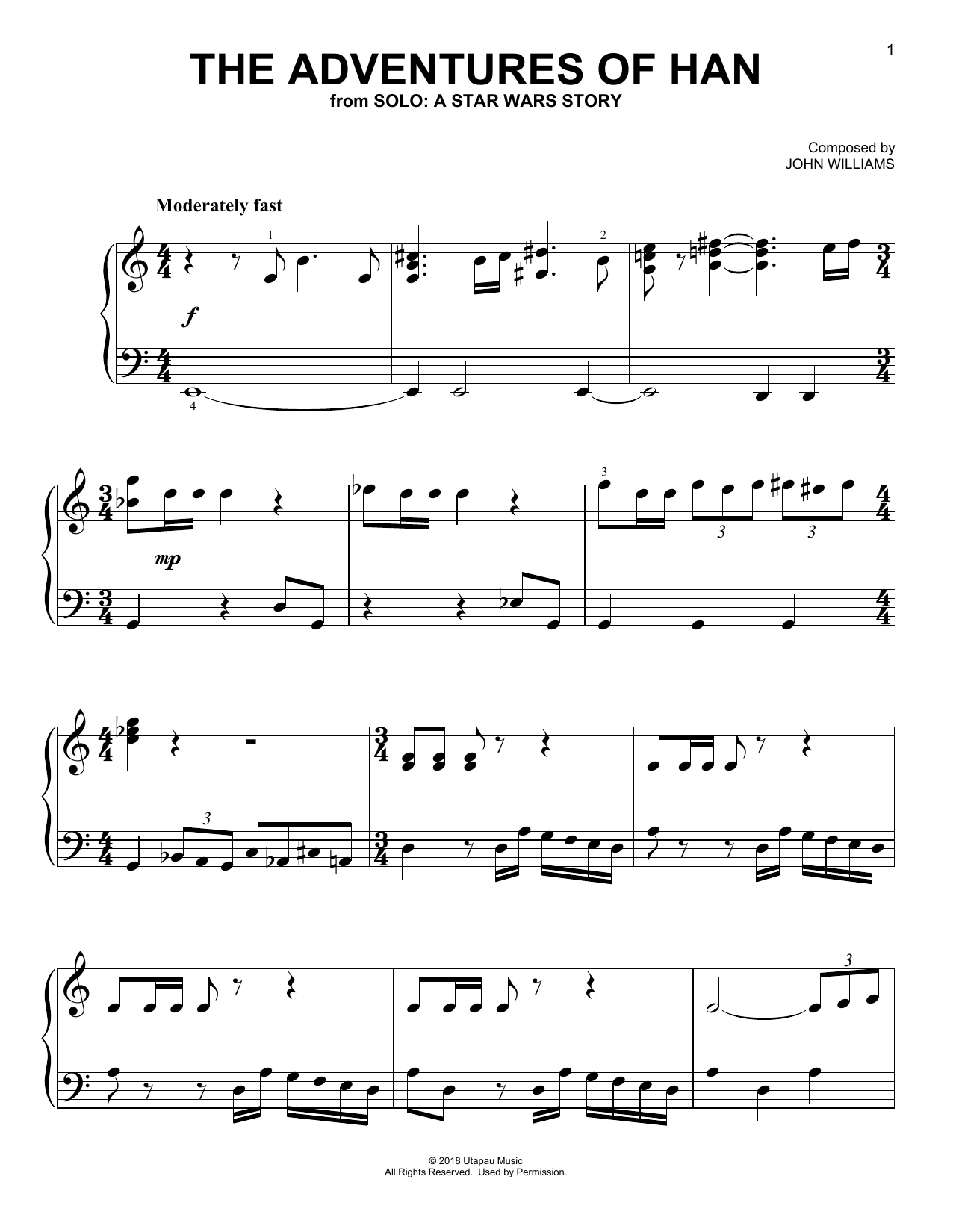 John Williams The Adventures Of Han (from Solo: A Star Wars Story) Sheet Music Notes & Chords for Piano - Download or Print PDF