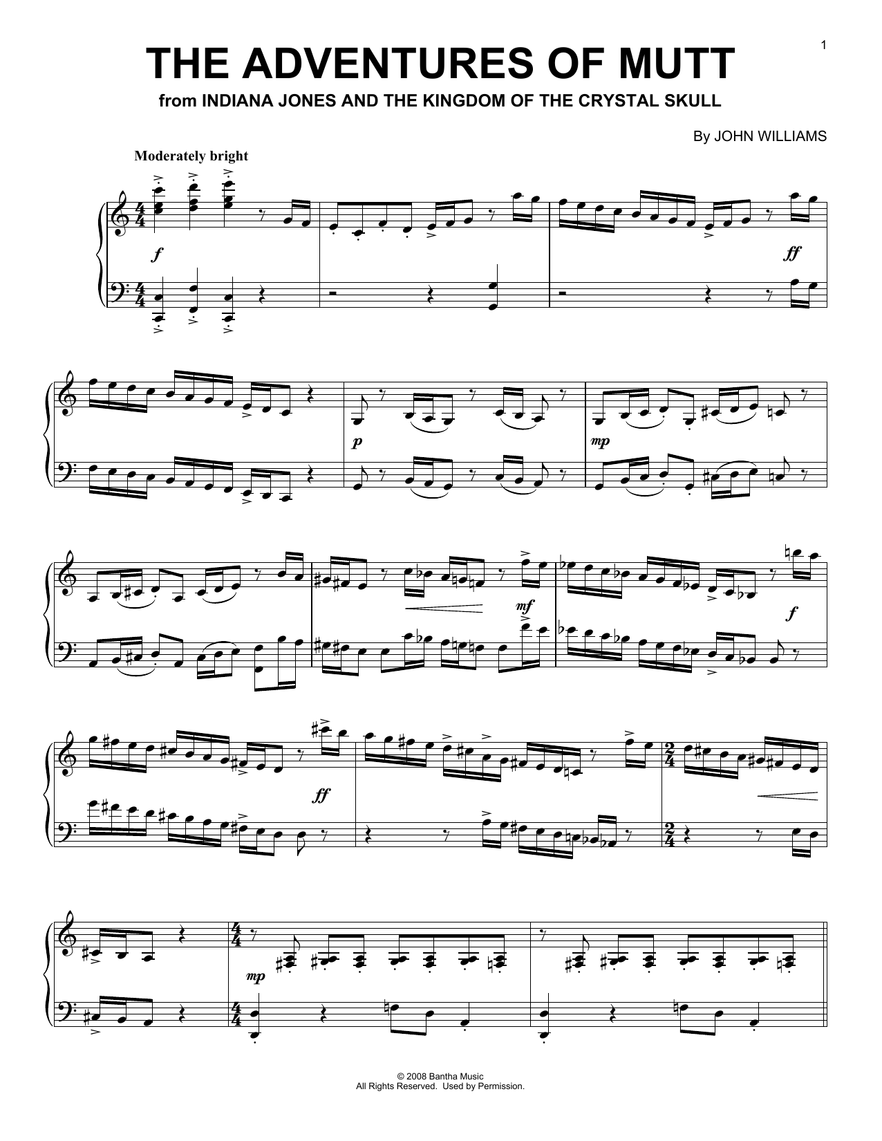 John Williams The Adventures Of Mutt (from Indiana Jones - Kingdom of the Crystal Skull) Sheet Music Notes & Chords for Piano Solo - Download or Print PDF