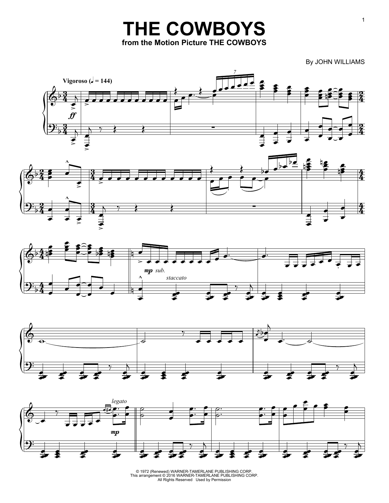 John Williams The Cowboys Sheet Music Notes & Chords for Easy Piano - Download or Print PDF