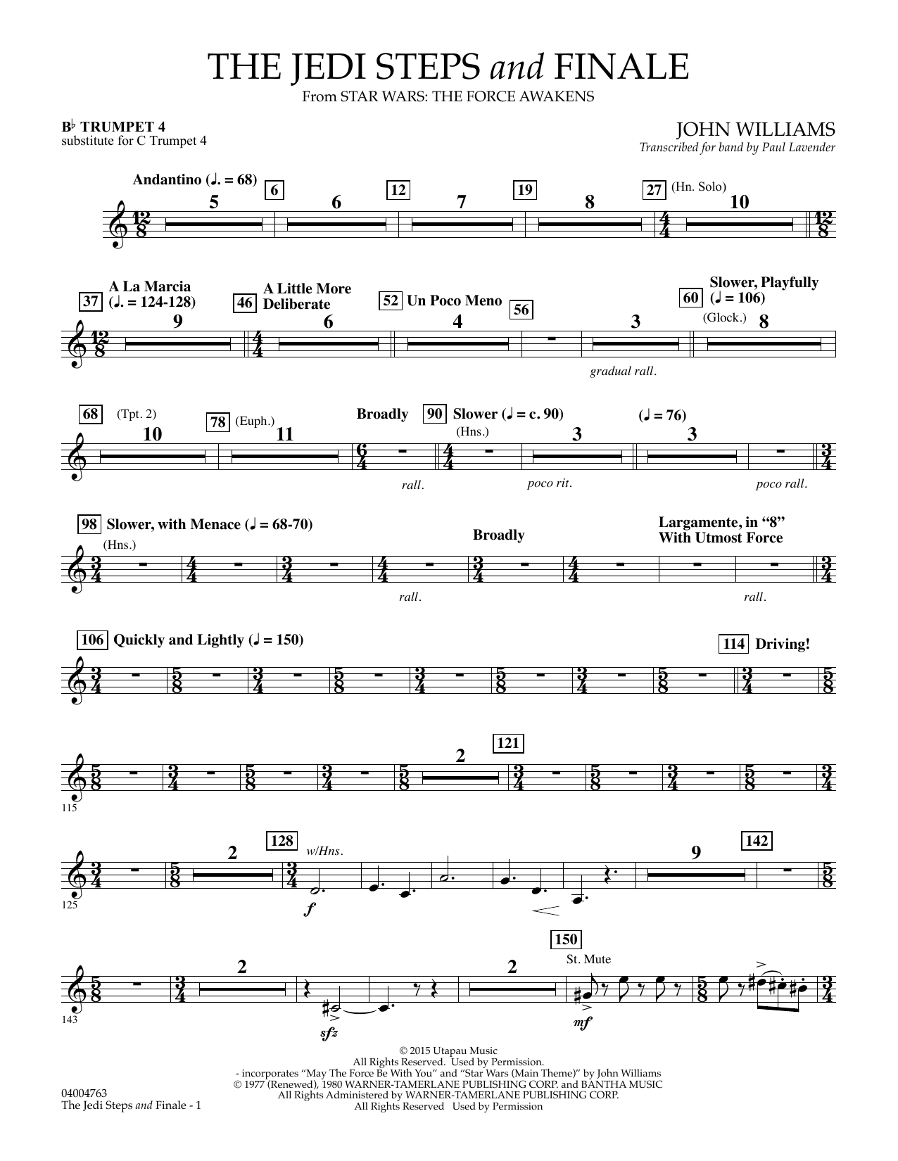 John Williams The Jedi Steps and Finale (from Star Wars: The Force Awakens) - Bb Trumpet 4 (sub. C Tpt. 4) Sheet Music Notes & Chords for Concert Band - Download or Print PDF