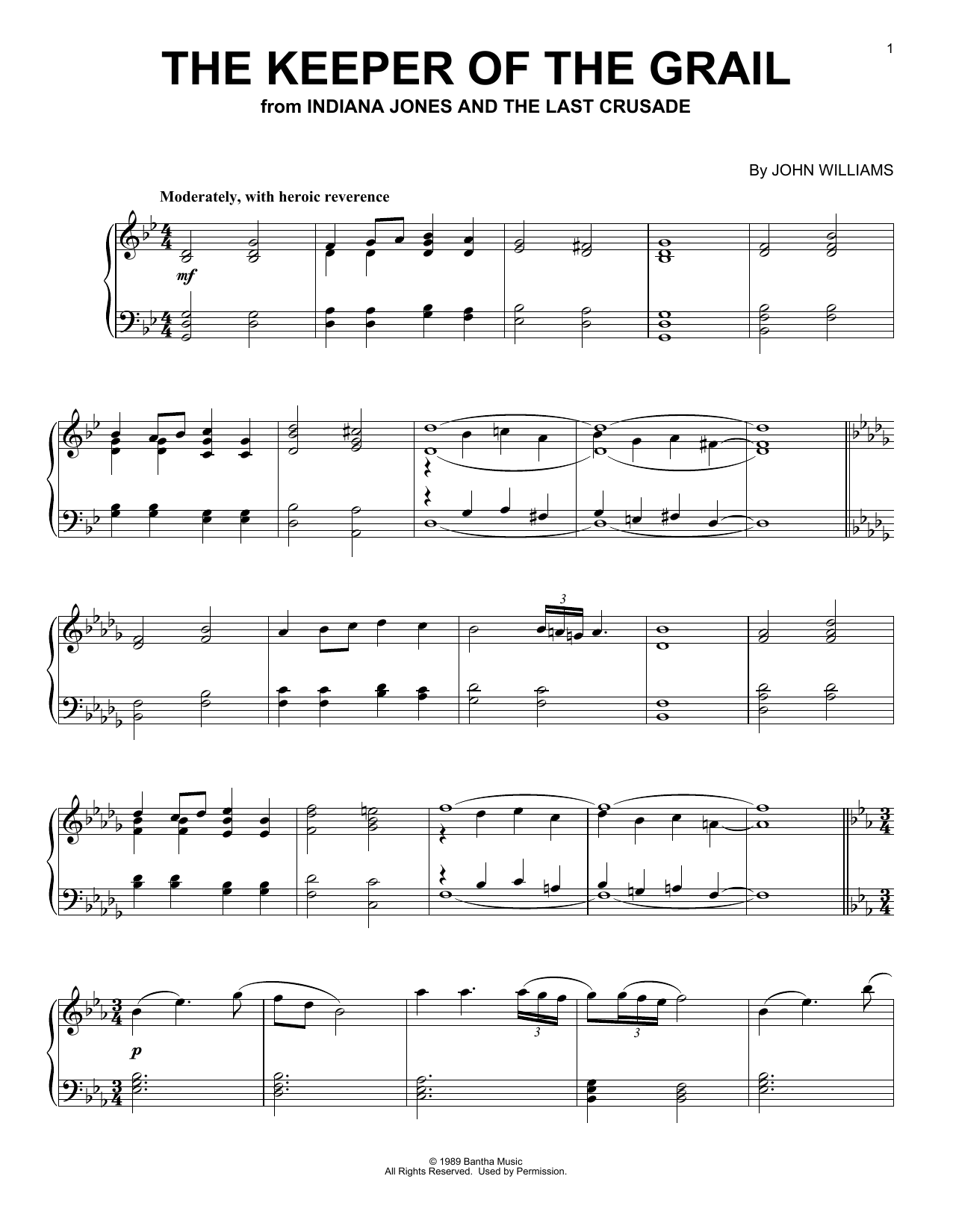 John Williams The Keeper Of The Grail (from Indiana Jones and the Last Crucade) Sheet Music Notes & Chords for Piano Solo - Download or Print PDF