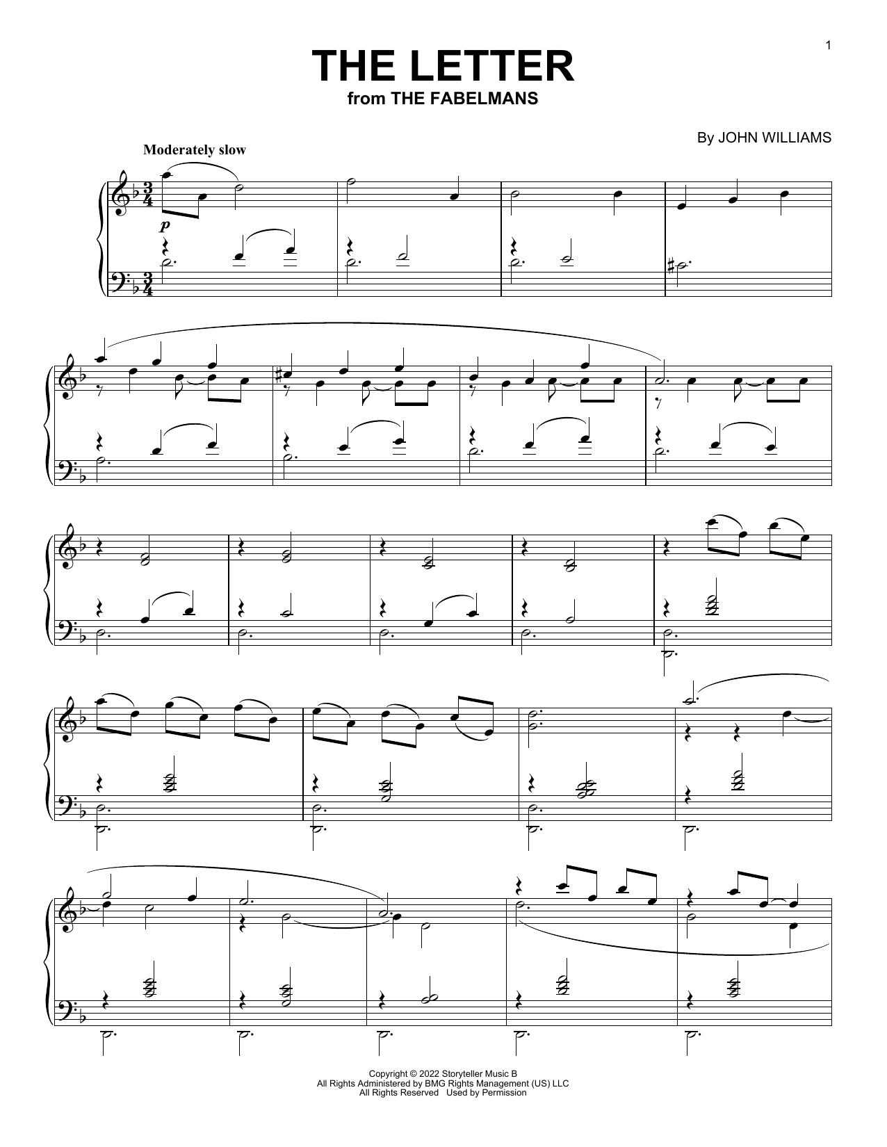 John Williams The Letter (from The Fabelmans) Sheet Music Notes & Chords for Piano Solo - Download or Print PDF