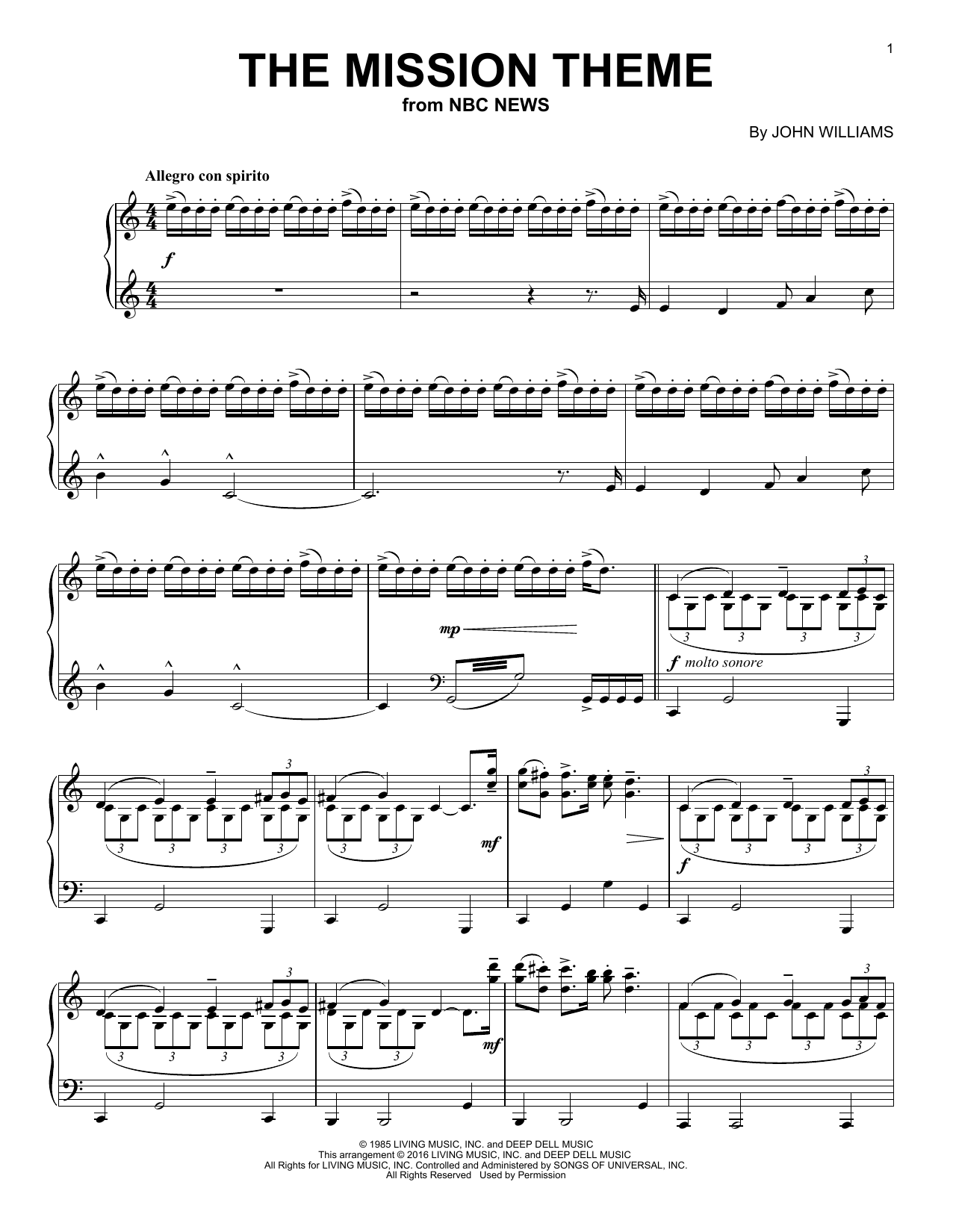 John Williams The Mission Theme Sheet Music Notes & Chords for Piano - Download or Print PDF